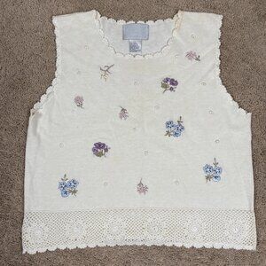 Jean de Beer Top Womens L Ivory Embroidered Floral Crochet Hem Vintage Cottage
